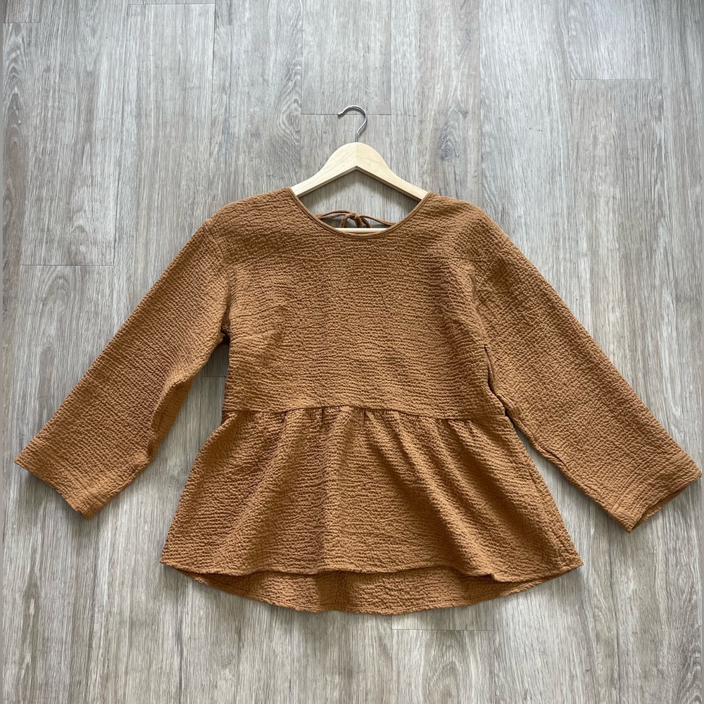Madewell Textured Peplum Long Sleeve Open Back Tie Top Small